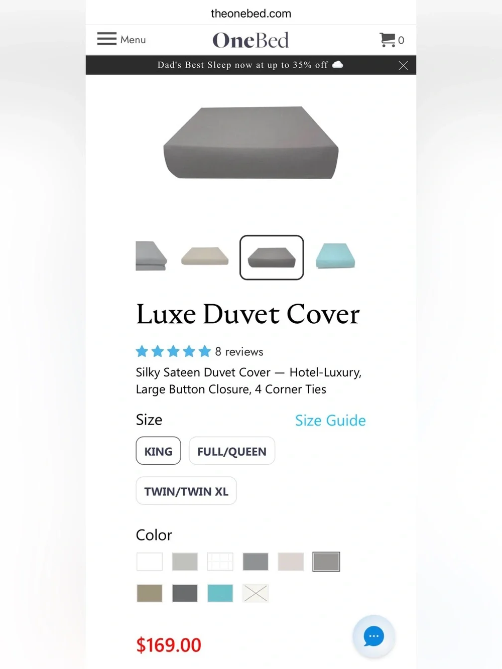 NWT King Size Duvet Cover by One Bed, Grey Sateen